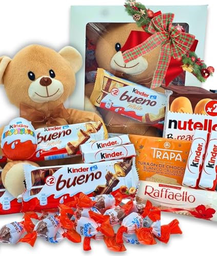 Caja Regalo Chocolate Kinder - Raffaelo con Osito de Peluche. Regalo Original con Chocolate para Aniversarios, San Valentin. [IAMI] (Osito Marron)