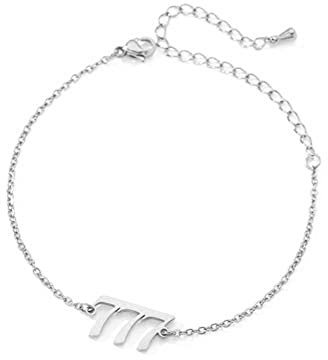 PAMTIER Engels Zahl 777 Armband Damen Edelstahl Verstellbare Gliederkette Zierlich Einfacher Numerologie Schmuck Silber