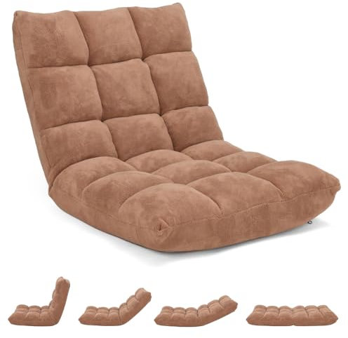 GOPLUS Chaise de Sol Pliante, Fauteuil Convertible Réglable à 14 Niveaux, Fauteuil Paresseux avec Velours Corail Confortable, Chaise de Méditation Rembourré, 105 x 56 x 15CM (Beige)
