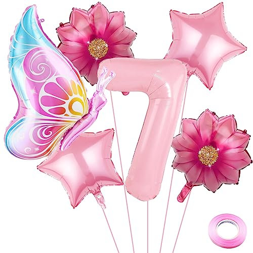 Weenkeey 7 Jahre Schmetterling Geburtstag Deko Große Schmetterling Folienballon 7. Geburtstag Schmetterling Luftballon Rosa Zahl 7 Luftballon für Mädchen Geburtstag Party