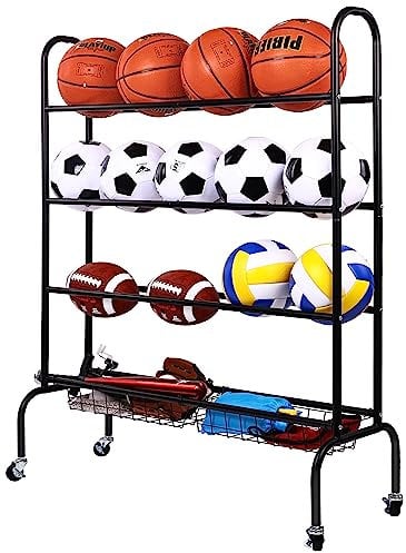 Fitvids Garage Sports Equipment Organizer, Garage Ball Storage, Sports Gear Storage, Garage Organizer with Baskets and Hooks, Rolling Sports Ball Storage Cart, Black, Steel