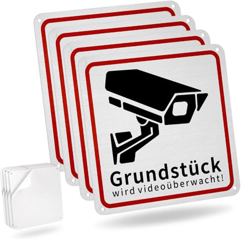 JIZZU 4 Stück Achtung Videoüberwachung Schild, 15 x 15 cm Klein Aluminium Privatgrundstück Selbstklebend Schilder Kameraüberwachung mit Bohrlöcher für die Anbringung am Haus oder Zaun