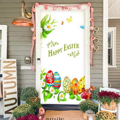 Türabdeckung Frohe Ostern 203x91cm - Ostern Hintergrund Hängen Banner Osterdeko - Happy Easter Tür Abdeckung Niedliche Osterhase Osterei Türbanner Türvorhang Haustür Veranda Banner Deko (D, OneSize)