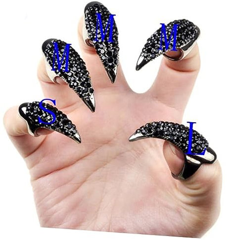 HAPINARY 10pièces Faux Ongles Griffes Style Gothique Punk Bagues Décoration Cosplay Noir