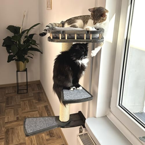 RshPets® Rascador de Pared para Ventana, Hamaca y Escalera para Gatos, Montaje en Pared (Color Oscuro, Lado Izquierdo)