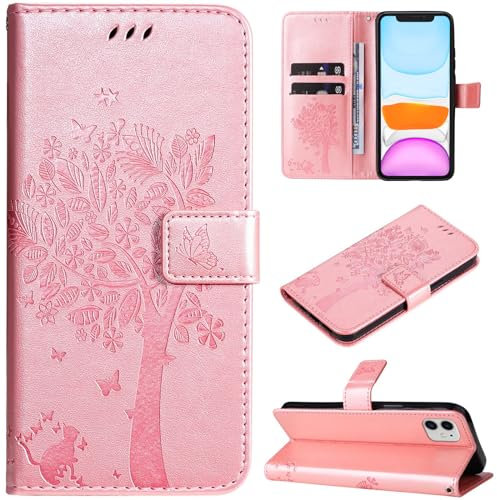 Hancda Case for iPhone 11, Leather Case Wallet Flip Cover with Card Holder Slot Flowers Design Pattern Magnetic Stand Strap Shockproof Protective Phone Case Cover for iPhone 11,Rose Gold