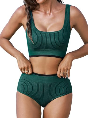 CUPSHE Damen Bikini Set U Ausschnitt Seamless Sport Tank High Waist Bikini Kontrastpaspel Texturierte Bademode Zweiteiliger Badeanzug Swimsuit Dunkelgrün M