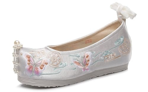 Chaussures À Fleurs Brodées Hanfu pour Dames, Chaussures Traditionnelles Chinoises avec Décoration De Perles Légères Et Décontractées Chaussures Augmentant La Hauteur Intérieure