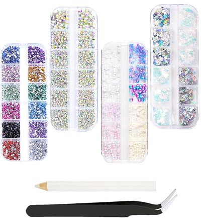 4 Boxen Strasssteine, Halbrunde Perlen Nägel Strasssteine, Pailletten, AB Kristall Strasssteine,einschließlich Wachsstift für Strasssteine und Strass-Picker