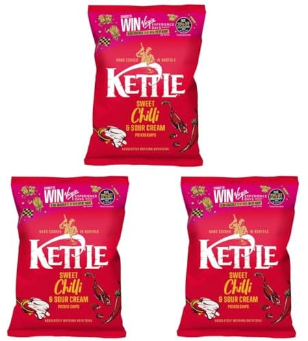 Kettle Chips Sweet Chilli & Sour Cream Sharing Crisps, 130g, (3 pack), Hand Cooked in Norfolk, Absolutely Nothing Artificial, British Potatoes, Gluten-Free, Suitable for Vegetarians