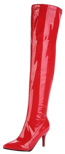 HSyc JRX Stivali sopra il ginocchio da donna con tacco a spillo e cerniera con tacchi alti stivali lunghi, Colore: rosso, 40 EU