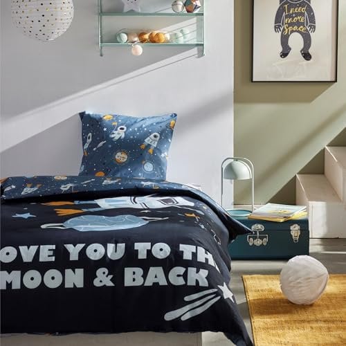 Bettwäsche Set für Jungen und Mädchen 135x200 80x80 cm · Süße Kinderbettwäsche aus 100% Baumwolle mit Reißverschluss · Welltall Weltraum Bettwäsche mit Planeten Rakete Sterne Mond und Liebes-Spruch