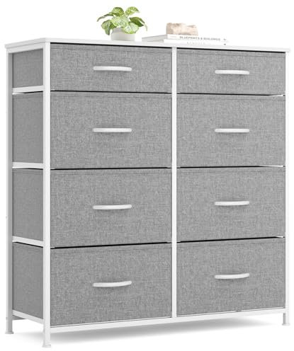 Xbro Kommode, Kommodenschrank mit 8 Schubladen aus Stoff, Komodenschrank Schlafzimmer mit Holzplatte, Kommode Schlafzimmer Flur, Komodenschrank Flurschrank für Küche Büro Flur Schlafzimmer (Grau)