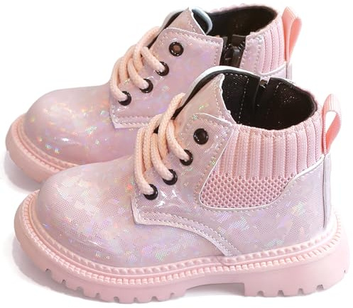 Happy Cherry Stivali impermeabili per bambini in pelle verniciata stivali con cerniera per ragazzi e ragazze bambini piccoli antiscivolo stivali corti scarpe taglia 21-30, Colore: rosa., 27 EU Larga