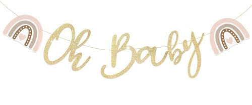 BETESSIN Babyparty Deko - Oh Baby Girlande mit Boho Regenbogen Motiv - Baby Shower Banner - Hängedeko für Babyparty, Gender Reveal Party, Babyshowerparty Deko Mädchen und Jungen