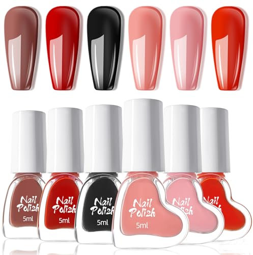 Red Water-based Quick-drying Nail Varnish, 6-Color Polish Set: Black, Pink, Nude, Solid Color & Long Lasting Manicure DIY Nail Art