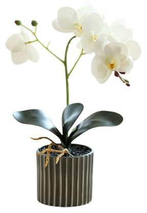 Künstliche Orchidee mit Acht Blütenköpfen im Topf, Weiße Orchideen im Topf, Künstliche Orchidee mit Blumentopf, Dekoration für Badezimmer und Schlafzimmer (Weiß)