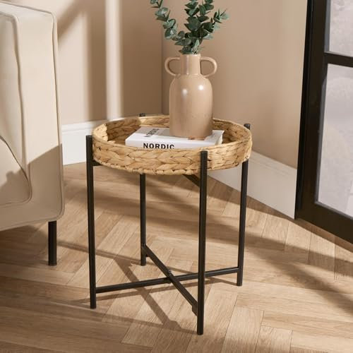 OHS End Table Living Room Rattan Removable Serving Tray Table, Black Metal Base & Natural Rattan Tray Top Coffee Table Decoration, One Size