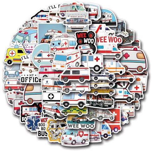 50 Stück Ambulance Aufkleber Pack Krankenwagen Sticker Set wasserdichte Vinyl Sticker für Laptop Kinder Autos Motorrad Fahrrad Skateboard Gepäck Koffer Computer Aufkleber Graffiti Decal
