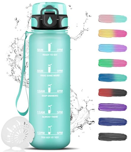 Botella agua 1 litro, Botella agua Prueba de Fugas, Botella agua Gimnasio, Botella de Agua Deportiva con Marcador de Tiempo, Cantimplora de Motivación, Water Bottle para Gym, Adulto, Oficina, Escuela
