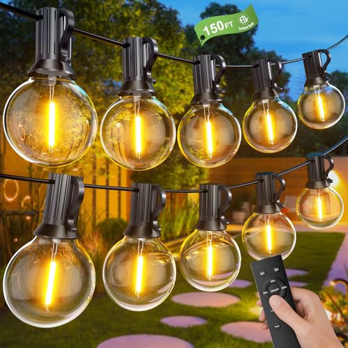 Miootly Festoon Lights Remote Control, 45M/150FT Garden Lights Dimmable LED String Lights with Shatterproof Plastic Bulbs, IP45 Waterproof for Decor Party, Christmas, Yard, Terrace