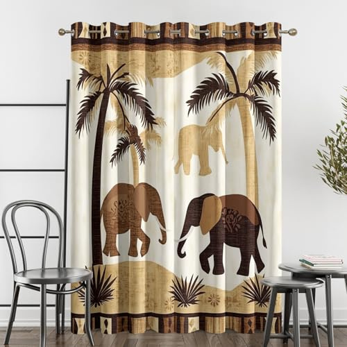 SZLYZM Vorhänge Afrikanische Elefanten, Verdunkelungsvorhang 2er Set - Vorhang Blickdicht Palme Muster, Thermovorhang für Deko Wohnzimmer Schlafzimmer, Gardinen mit Ösen 220x140 cm (HxB)
