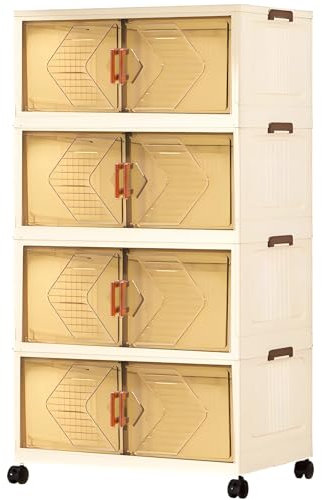 Plastic Storage Boxes with Lids, 4 Tier Stackable Tower with Front Opening Doors, Large Collapsible Bin on Wheels for Home, Office, Bedroom, Kitchen, 56L / Tier