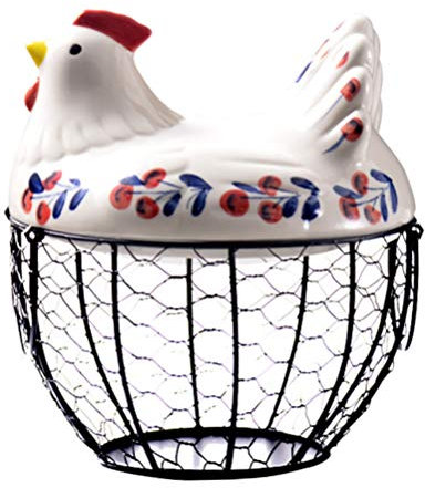 Ghzste Cesta para huevos de alambre, cesta redonda de metal con cubierta en forma de gallina, cesta de recolección de huevos para huevos frescos (Negro)