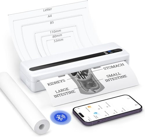 BORN4SHIP Portable Printer Wireless, PB821 Thermal Printer A4,Inkless Printer for Android and IOS, Portable Wireless Printer for Travel, Work, School, White