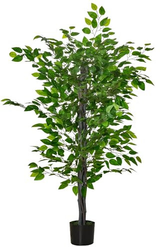 HOMCOM Künstlicher Ficusbaum groß 135 cm Kunstpflanze, Plastik Künstliche Pflanzen Ficus im Topf, Kunstbaum wie echt mit Zement, Kunstgras für Wohnzimmer Schlafzimmer Büro Garten