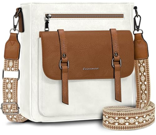 RAINSMORE Umhängetasche Damen Mittelgroß Handtasche Damen Leder Crossbody Bag Damen-Umhängetaschen Schultertasche Handtaschen Damenhandtasche mit Breiten Schultergurten Weiß und Braun