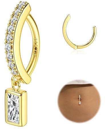 Morfetto Bauchnabelpiercing Gold 316L Chirurgenstahl - Bauchnabelpiercing Ring Zirkonia Perle Bauchnabel Piercing Mit Anhänger Clicker Dangle Bauchnabel Piercing Schmuck 14G Golden-Quadrat