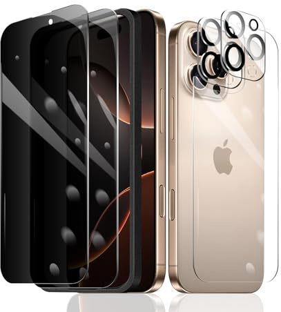 Fylnatc 2×Privacy Screen Protector for iPhone 16 Pro + 2×Camera Lens Protector + 1×Back Tempered Glass Film + 1×Installation Frame, Anti Spy 9H Hardness Bubble Free Impact-Private Protection