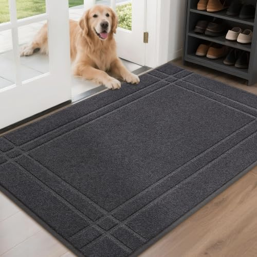 JSEI Indoor Doormat, Dirt Trapper Washable Door Mat, 80 x 120 cm Dark Grey | Super Absorbent, Non-Slip TPR Backing, Low Profile, Pet-Friendly for Muddy Shoes and Paws
