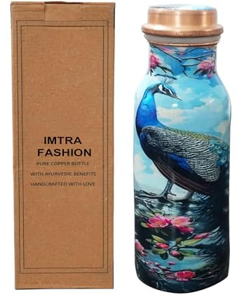 IMTRA FASHION Small Copper Water Bottle 17 OZ/500 ML Peacock Printed Drinking Flask Leakproof Bottle for Sports, Yoga