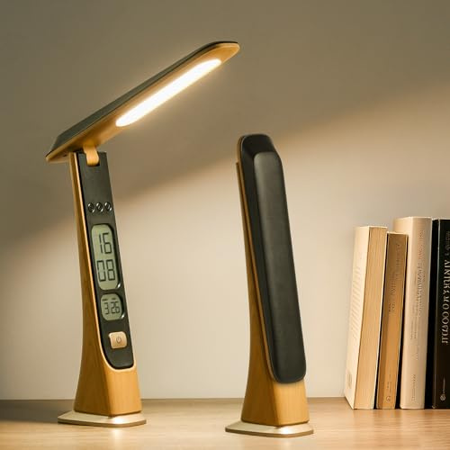 Bokefo 1800 mAh Wiederaufladbare Schreibtischlampe, 3 Farben Stufenlos Dimmbar Tischlampe mit Uhranzeige, Touch-Steuerung, Faltbar & Tragbar Nachttischlampe für Büro, Studium, Lesen (Kein Adapter)
