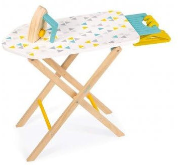 Set de Repassage en Bois - Planche Table a Repasser Pliable + Fer + 3 cintres - Jouet d'imitation 3/8 Ans - Set Menage Enfant - avec 1 Carte