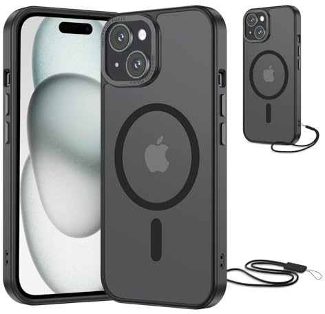 NEW'C Coque pour iPhone 15, Magnétique Compatible avec MagSafe - Noir | Coque + Cordon détachable, 6,1 pouces, Magnétique, Antichoc militaire, Aimants N56, Fin
