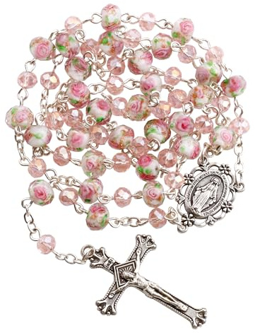 HELLOWIN Pink Murano Glass and Crystal Rose Beads Catholic Rosary Necklace for Women with Virgin Mary PU Leather Bag (Virgin Mary, Pink)