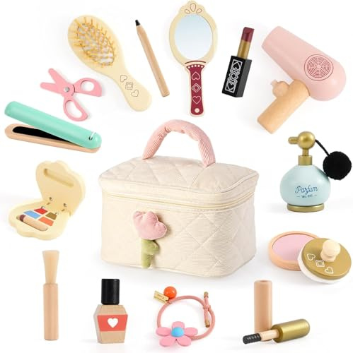 15-Piece Wooden Makeup Set for Girls, Pretend Play Beauty Salon Toy Kit with Realistic Accessories & Cosmetics Bag, Ideal Role Play Gift for Kids Toddlers Age 3 4 5 6