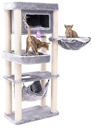 Petrebels Kratzbaum Mansion 150 cm hoch, mit Hängematte, Schlafhöhle und XL Sofa, Für mittelgroße Katzen, Farbe Grau