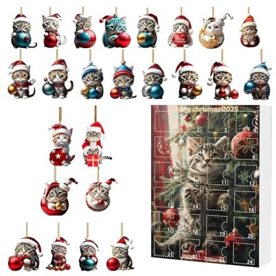 Fierudeng Adventskalender Spielzeug Weihnachten 2025,24 Tage mit Katze aus Acryl 2D zum Zählen der Tage - Bezauberndes Weihnachtsgeschenk für Mädchen Junge Tochter Schwester Freund