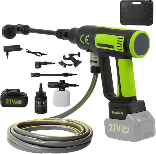 Nettoyeur Haute Pression 600W Nettoyeur Haute Pression sans Fil avec 3000 mAh Batterie 100Bar 4 Vitesses Réglables 6 Modes Moteur en cuivre pour Le Lavage de Voiture et Le Nettoyage de Jardin