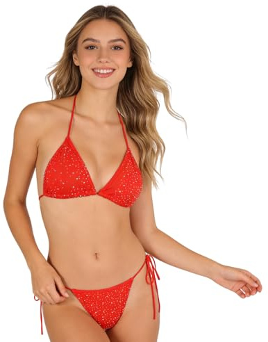 Maillot de Bain 2 Pièces Femme Sexy Bikini Set Col en V String Bretelles Réglables Bikini Triangle à Ficelle avec Strass G-String Ensemble de Bikini String Bas d’Été pour Plage Piscine Fête