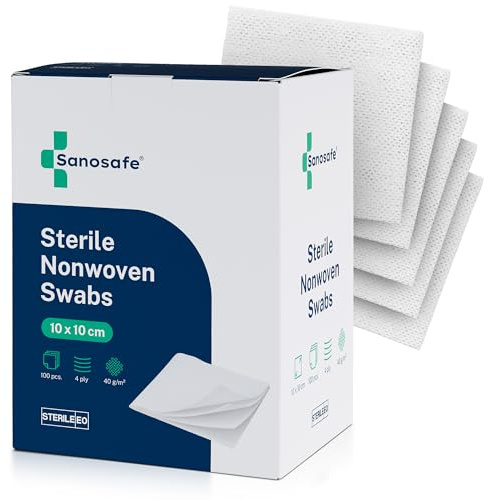 Sanosafe Gasas Estériles no tejidas 10x10 cm 100 unidades | Para el cuidado de heridas | Suaves, absorbentes y sin pelusa