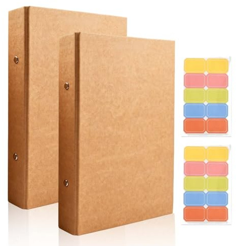 Nivofu A5 Ringbuch aus Kraftpapier, 2er Pack mit Doppelringen, Nachfüllbar und Stabil, für Schule Büro Fotoalbum und Reisetagebuch, inklusive Etiketten
