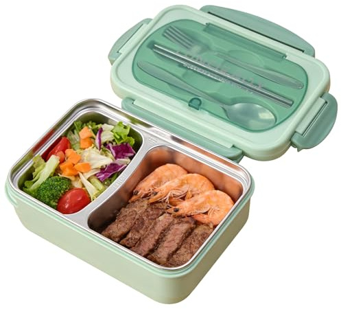 Keltorio Bento - Recipiente de acero inoxidable 304 de 800 ml, con 2 compartimentos y cubiertos, hermético, para la escuela, pícnic, viajes, sin BPA, color verde