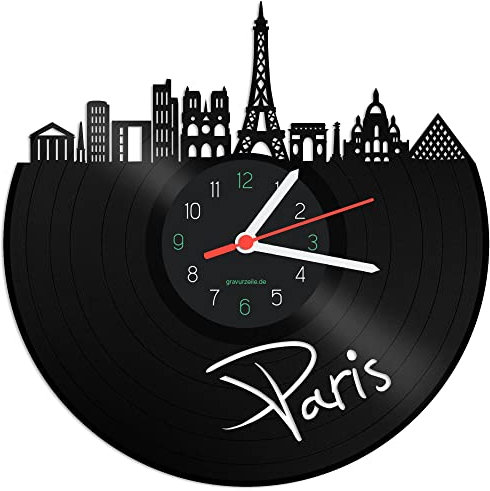 GRAVURZEILE Schallplattenuhr - Skyline Paris - Wanduhr aus gegossenem Vinyl mit Stadt Skyline 30 cm - Upcycling Design-Uhr Wand-Deko Vintage Wand-Dekoration Retro-Uhr - Made in Germany