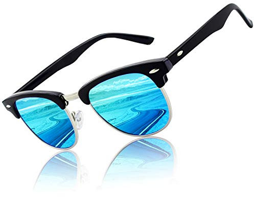 CGID MJ56 clubma Unisex Retro Vintage Sonnenbrille im angesagte 60er Browline-Style mit markantem Halbrahmen Sonnenbrille,Brillen trends 2018, A Schwarz-blau, 51