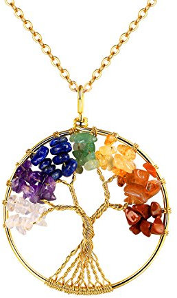 FOCALOOK Collier Femme Plaqué Or Jaune Chaîne Longue Pendentif Rond Arbre de Vie avec 7 Chakra Pierres Naturelles